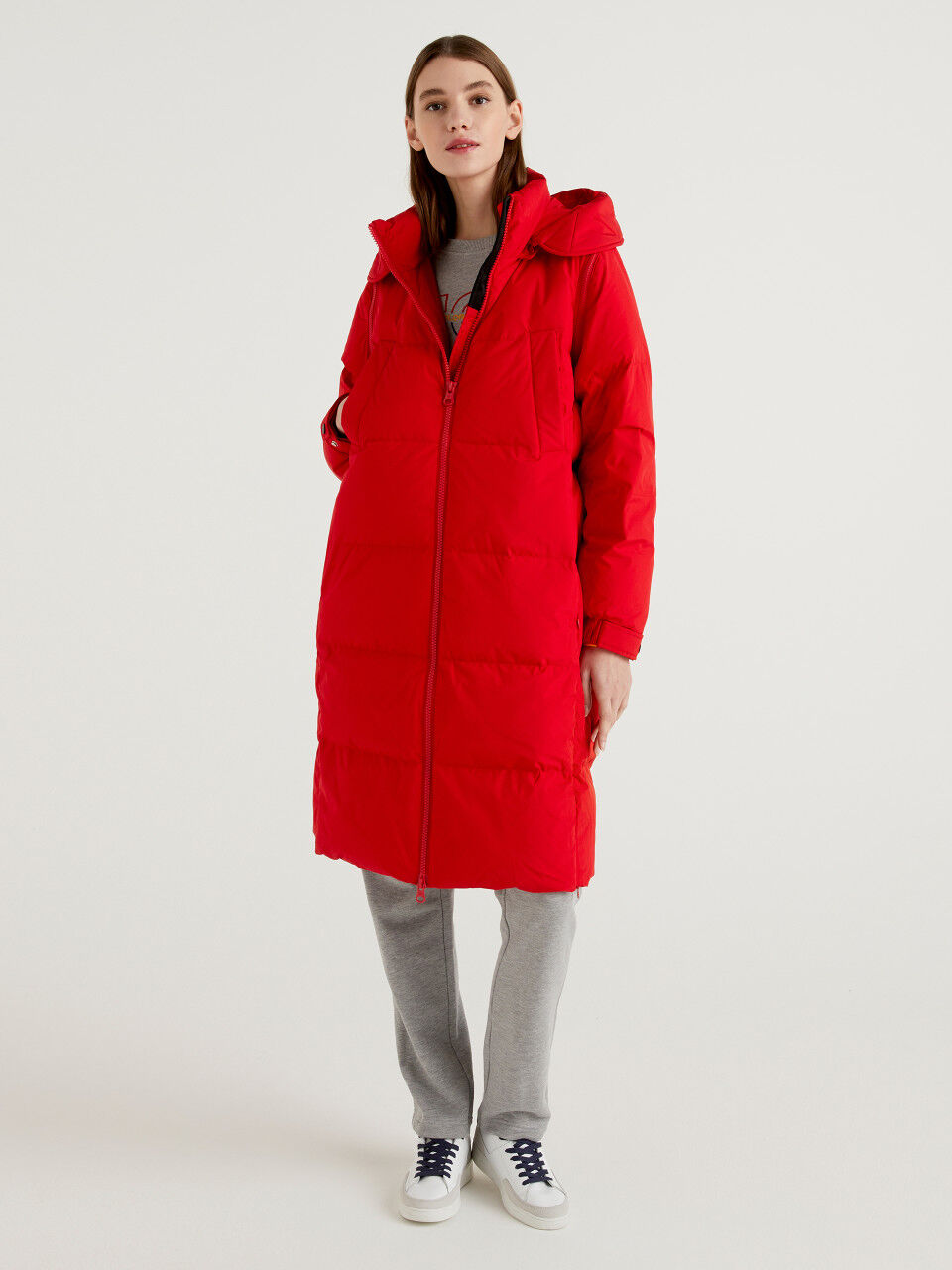red long puffer jacket
